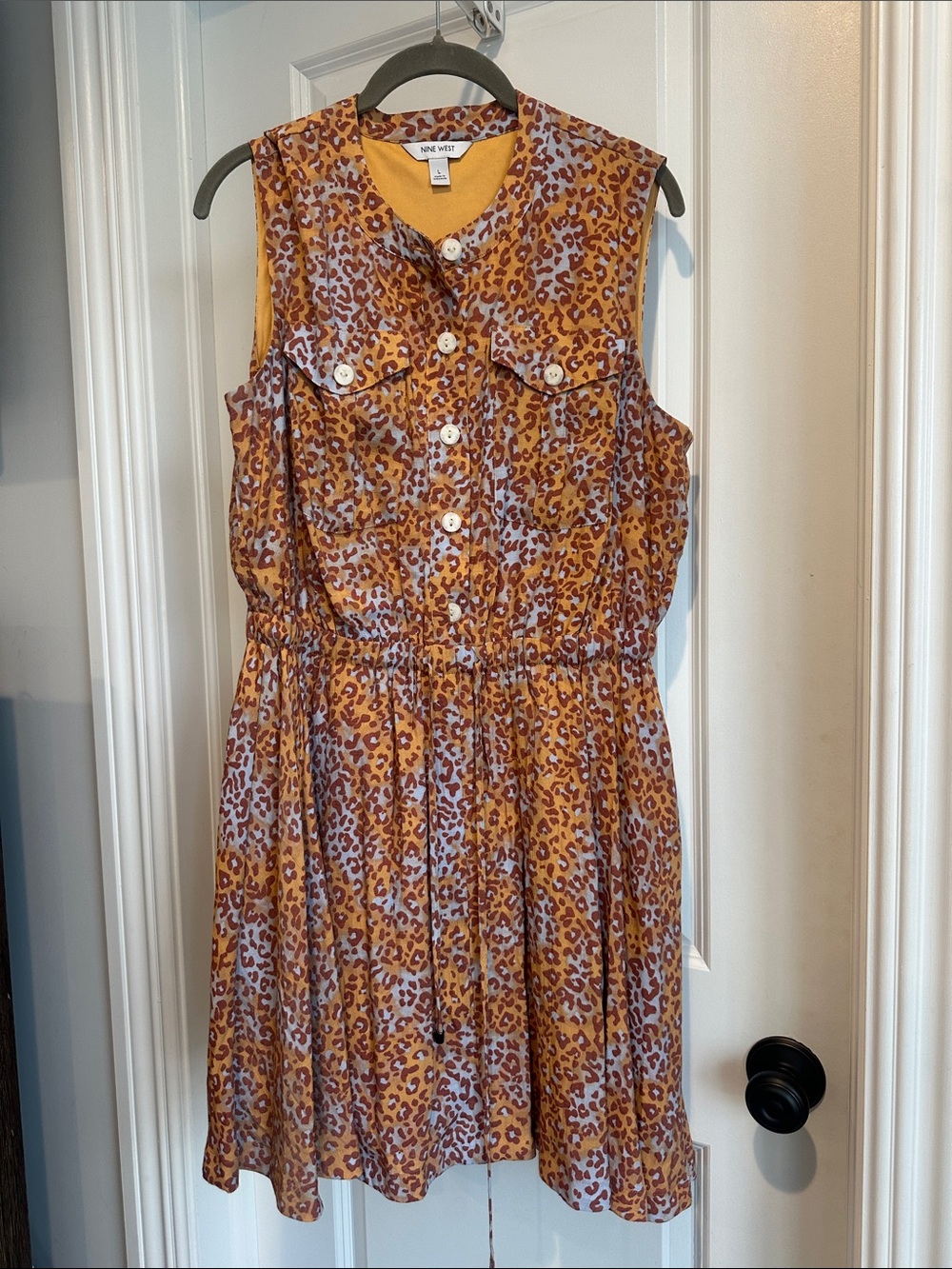 Nine West Yellow Leopard Print Sleeveless Dress - Large